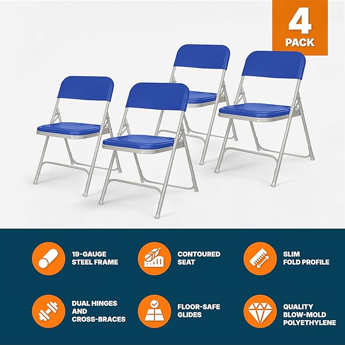 OEF Furnishings OEF800 Series Premium Heavy-Duty Plastic Folding Chairs, Lightweight, Durable Seating for Indoor and Outdoor Use, 500 lb Capacity (4-Pack, Blue Plastic with Gray Frame)