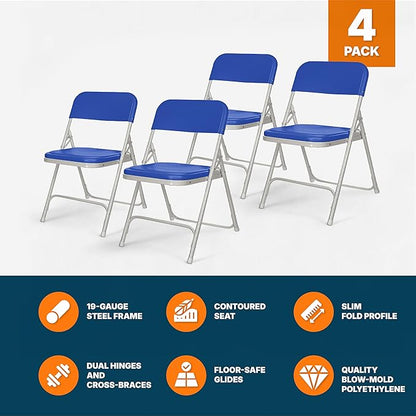 OEF Furnishings OEF800 Series Premium Heavy-Duty Plastic Folding Chairs, Lightweight, Durable Seating for Indoor and Outdoor Use, 500 lb Capacity (4-Pack, Blue Plastic with Gray Frame)