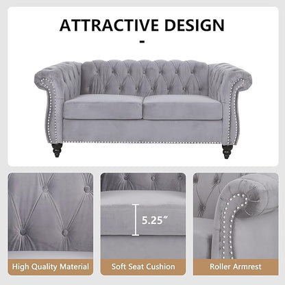 Velvet Sofa Couches Set, 3-Piece Mid Century Modern Upholstered Couch with Cushions, Home Sofa Sectional Furniture Sets, Comfy Tufted Chesterfield Couches for Living Room, Bedroom, Office