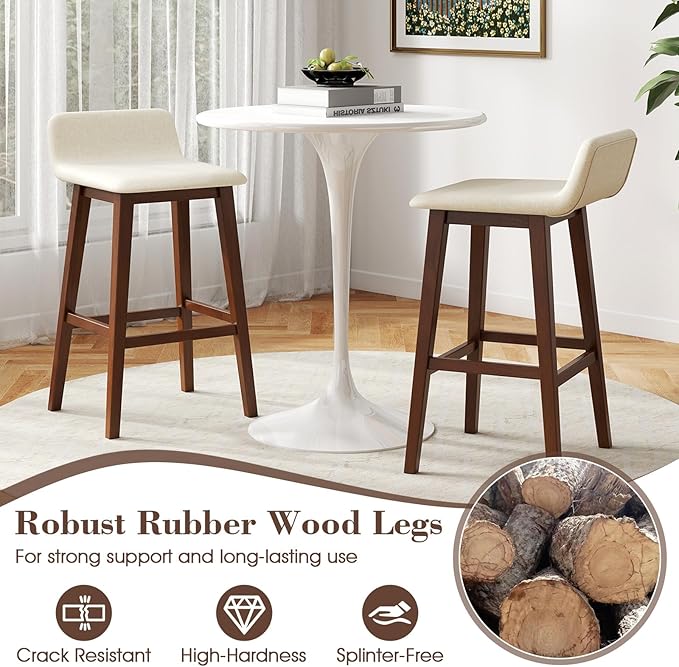COSTWAY Wooden Bar Stools Set of 4, 29-inch Height Upholstered Padded Seat, Low Backrest, Footrest, Rubber Wood Legs, Armless Bar Chairs for Kitchen Counter Island, Dining Room, Brown+Beige