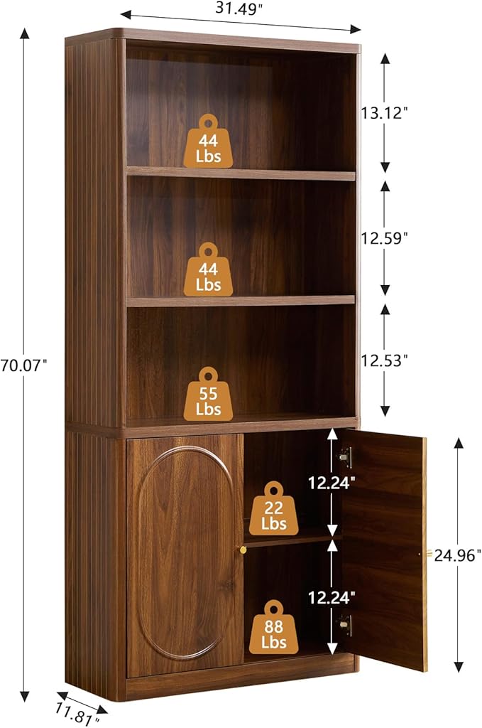 70.8" Tall Fluted Bookshelf with Storage Cabinet Set of 2, Modern 5-Tier Wood Bookcase with Open Display Storage Shelf, Gold Handles for Office Living Room (Walnut)