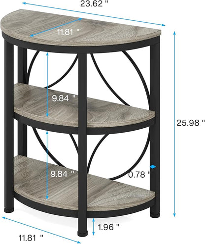 Tribesigns Half Round End Table for Living Room, 3-Tier Half Side Table with Metal Frame, Industrial Half Moon Table with Storage Shelves, Half Circle Accent Table for Entryway, Bedroom, Grey