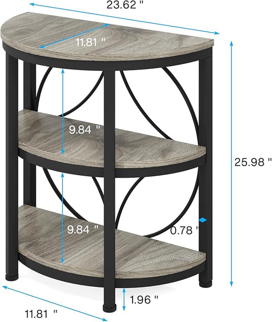 Tribesigns Half Round End Table for Living Room, 3-Tier Half Side Table with Metal Frame, Industrial Half Moon Table with Storage Shelves, Half Circle Accent Table for Entryway, Bedroom, Grey