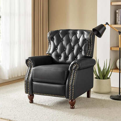 HULALA HOME Genuine Leather Recliner Chair with Solid Wood Feet, Modern Adjustable Tufted Push Back Arm Chair w/Rivet Decoration, Home Theater Seating Single Reclining Sofa for Living Room, Black