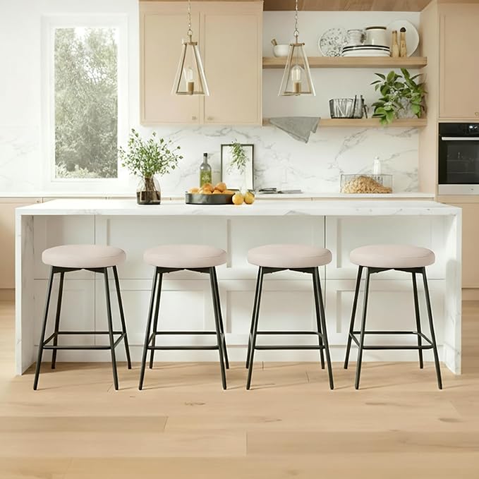 Swivel Bar Stools Set of 2, 24" Counter Height Bar Stool, Backless Barstools with Faux Leather Upholstered Seat&Sturdy Wood Legs for Kitchen Island, Beige