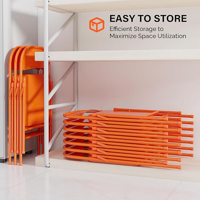 VINGLI Folding Chairs All Steel Metal Frame, Capacity 350 lbs, Durable Portable and Versatile for Indoor Outdoor Use, Orange, Set of 8