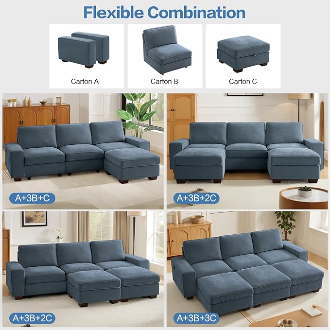 TEKAMON 100" Modular Sectional Sofa with Seats Storage, L Shaped Couch with Movable Ottoman, Chenille Fabric Couch for Living Room, Office, Apart W/Deep Seat, USB Charging,Removable Cover (Blue)