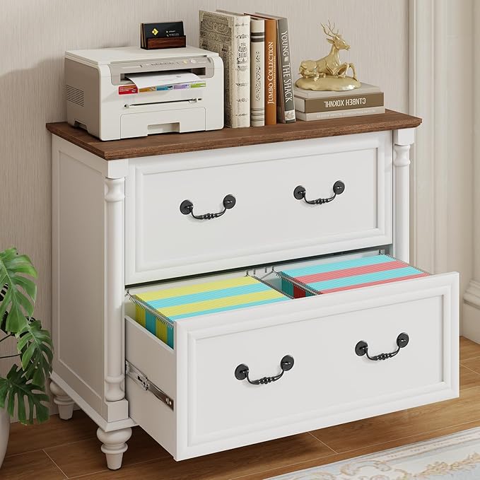 Lateral File Cabinet 2 Drawers Farmhouse File Cabinet for Letter/A4/Legal Size Hanging Files, Large Rustic White File Storage Cabinets Printer Stand with 4 Solid Wood Feet &Column Decor for Office