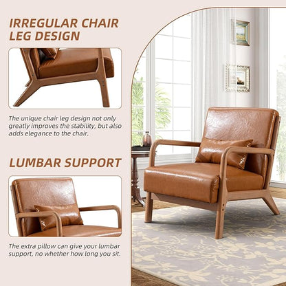 Accent Chair Mid Century Modern Chair PU Leather Living Room Chairs with Solid Wood Frame Comfy Upholstered and Lumbar Pillow Reading Side Chair Easy Assembly for Living Room Set of 2, PU Brown