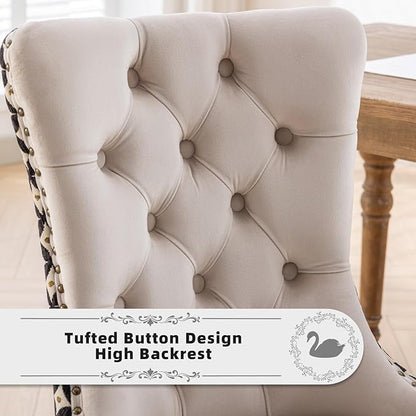 Velvet Upholstered Dining Chairs Set of 4, Modern Style Kitchen Side Chairs with Nailhead Trim and Wood Legs,Metal Pulling Ring for Dining Room Living Room(Quadrangular Star&Beige)