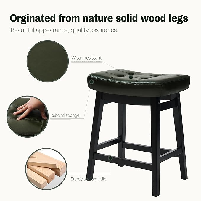Counter Height Bar Stools Set of 2 for Kitchen Counter Farmhouse Modern Barstools with Faux Leather Upholstered Backless Seat and Solid Wood Legs 24 inch Bar Chairs, Green + Black
