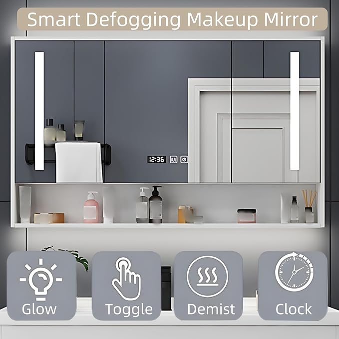 64IN Modern Bathroom Vanity - LED Intelligent Mirror Cabinet Includes Time Display & Defogging | Bathroom Cabinet with Sink & Open Storage Compartments, Ceramic Washbasin, 4 Drawers (Style B)