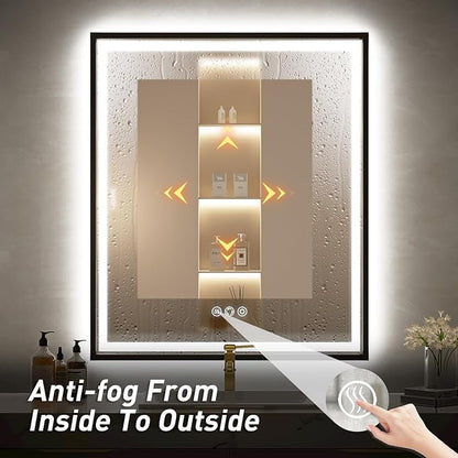 30X36 Inch Black Frame Led Mirror,Backlit and Front Bathroom Mirror with Lights,Wall Mounted Double LED Lighted Anti-Fog Mirror,Stepless 3 Colors Temperature & Dimmable (Horizontal/Vertical)