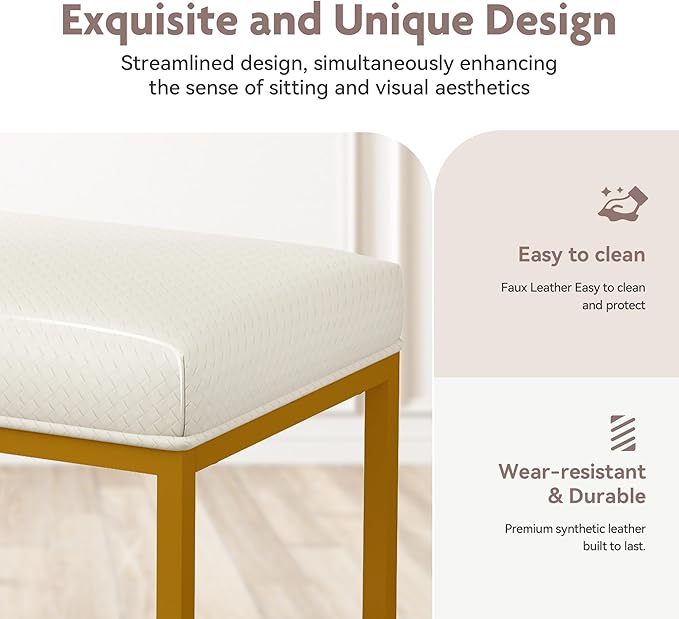 ALPHA HOME 24 Inch Counter Height Bar Stools Set of 4, Upholstered Bar Stools for Kitchen Island, Counter Stools with Faux Leather Cushion and Sturdy Metal Frame, Modern Barstools, White and Gold