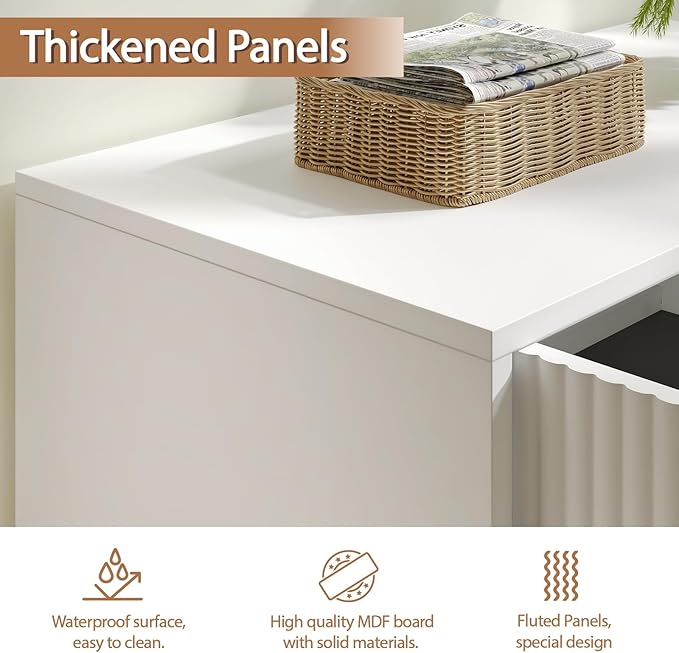 Fluted Storage Cabinet, Set of 2, Sideboard Buffet Cabinet, Modern Wood Accent Cabinet with Adjustable Shelves, Console Table for Living Room, Hallway, Entryway, White