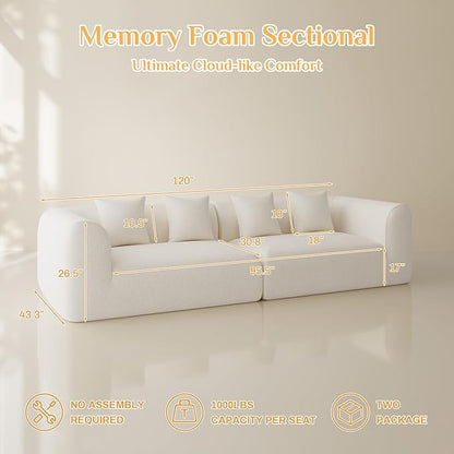 120'' Oversized Sectional Couches for Living Room Boneless Modular Sectional Sofa Plush Chenille Cloud Modular Couch Modern Sectionals with Deep Seat, No Assembly Required, 4 Seater, Beige