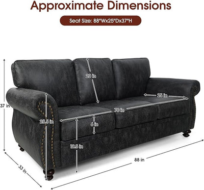 Mid-Century Vintage Sofa Couches with Rivet Design,3-Seater Sofa,Removable Sofa Cover Upholstered Cushions and Solid Wood Frame (Grey, 3-Seater)