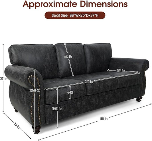 Mid-Century Vintage Sofa Couches with Rivet Design,3-Seater Sofa,Removable Sofa Cover Upholstered Cushions and Solid Wood Frame (Grey, 3-Seater)