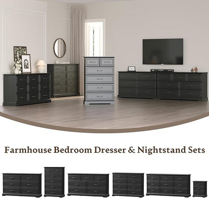 Farmhouse 9 Drawers Dresser for Bedroom, 63" Wide Modern Chest of Drawers with Deep Drawers & Bar Handles, Rustic Wood Dresser TV Stand, Wooden Closet Storage Organizer for Living Room, Hallway, Black