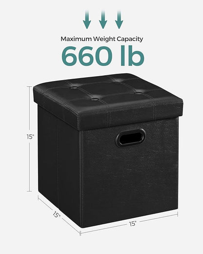SONGMICS MAZIE Collection - 15 Inches Ottoman with Storage, Footstool, Storage Ottoman with Metal Grommet Handles, Load 660 lb, for Dorm, Living Room, Bedroom, Synthetic Leather, Black ULSF30B