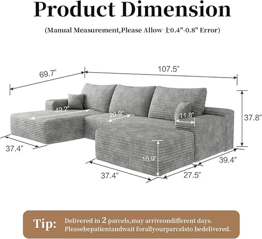 107.5" Compressed Boneless Couch with Ottoman, 2 Seater Large U Shaped Sectional Couches for Living Room, Grey Corduroy Cloud Modular Sectional Sofa, Memory Foam, No Assembly，Light Facing Chaise