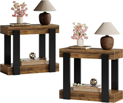 Tribesigns Narrow End Table Set of 2, 2-Tier Farmhouse Side Table with Storage Shelf for Living Room, Rectangular Night Stand and Bedside Tables for Bedroom, Brown