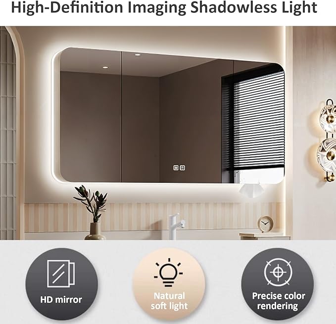 56IN Bathroom Vanity - Bathroom Vanity with Sink with Intelligent Induction Light | Wall-Mounted Bathroom Vanity with Intelligent LED Mirror Cabinet & 6 Drawers, Cream Color