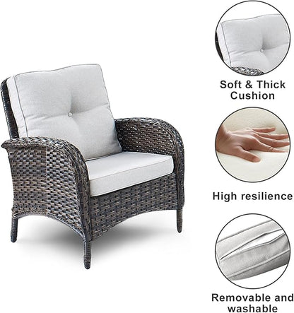 HUMMUH 5 Pieces Patio Furniture Set Wicker Outdoor Bistro Chairs with Ottomans Glass Top Side Table,Outdoor Conversation Set for Porch Deck Backyard Poolside