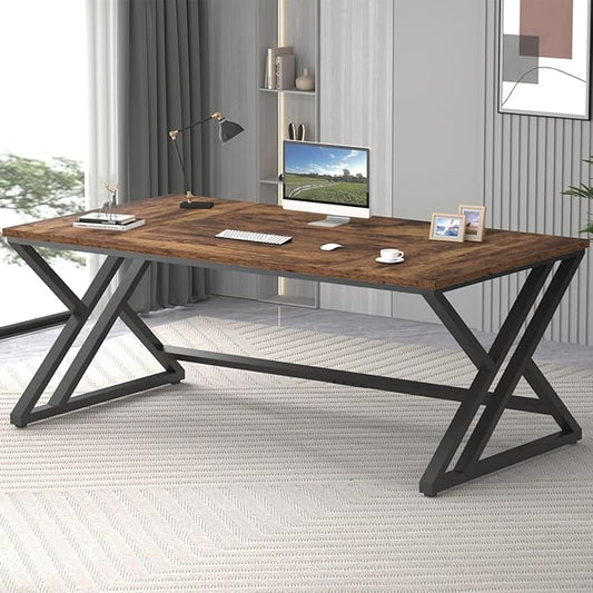 LVB 70.8" Computer Desk, Industrial Extra Long Wood Home Office Desk, Large Rustic Modern Metal Workstation Pc Study Writing table, Dual monitor Double Work Executive Desk for Two Person, Rustic Brown