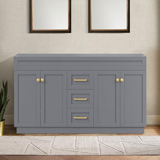 60" Bathroom Vanity Without Sink,Solid Wood Bathroom Storage Cabinet,4 Soft Closing Doors, 3 Full Extension Drawers, Grey Painted Surface