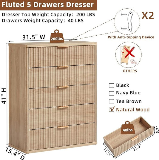LEYAOYAO Fluted 5 Drawers Dresser Set of 2, 41" Tall Modern Chest of Drawers with Metal Handle, Curved Profile Dresser TV Stand, Wooden Drawer Organizer for Bedroom, Living Room, Hallway, Navy Blue