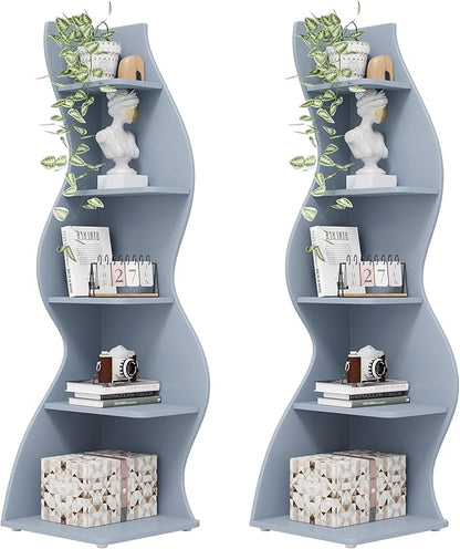 Tribesigns Corner Shelf, Modern 5-Tier Wall Corner Bookshelf, Stylish Corner Small Bookcase Storage Rack Plant Stand with Unique Shape for Living Room, Home Office (Blue, 2PCS)