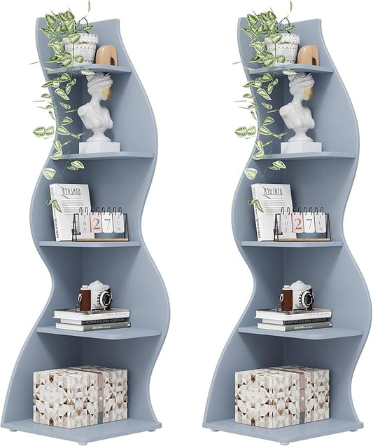 Tribesigns Corner Shelf, Modern 5-Tier Wall Corner Bookshelf, Stylish Corner Small Bookcase Storage Rack Plant Stand with Unique Shape for Living Room, Home Office (Blue, 2PCS)