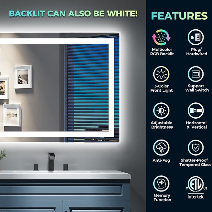 44x32 Inch RGB LED Bathroom Mirror Front Light and RGB Backlit Lighted Vanity Mirror for Bathroom Wall Mounted Dimmable Anti Fog Memory Shatter-Proof IP54 Waterproof Horizontal/Vertical