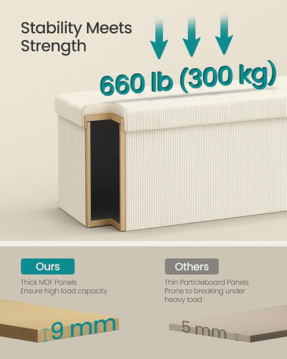 SONGMICS MAZIE Collection - Storage Ottoman Bench, Foldable Foot Rest, 15 x 43 x 15 Inches, End of Bed Bench, Storage Chest, Load 660 lb, Living Room, Bedroom, Entryway, Cream White ULSF604W01