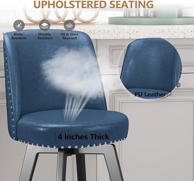 MINCETA Bar Stool, PU Leather Barstool, 26 Inch Upholstered Counter Stool with High Back and Footrest, Swivel Counter Height Barstool for Kitchen Island Home Bar Navy Blue