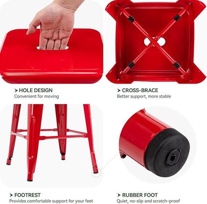 Vogue Furniture Direct 24" High Bar Stools Backless Red Metal Barstools Indoor-Outdoor Counter Height Stools with Square Seat, Set of 4