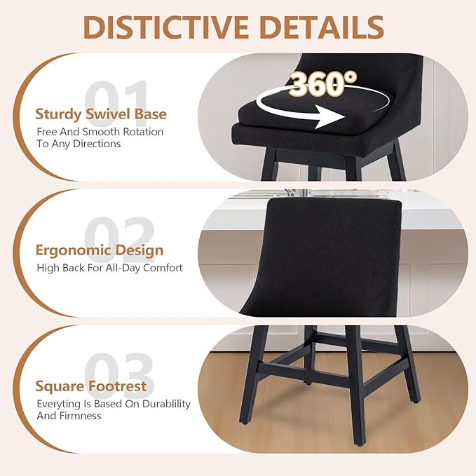 Bar Stools Set of 2, 26 Inch Upholstered Barstools with 14.2" High Back and Footrest, Swivel Counter Height Barstools for Kitchen Island Home Bar Performance Fabric Black