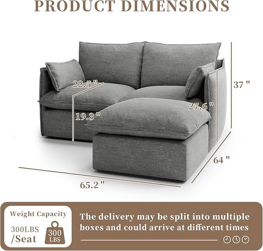 Waterproof Cloud Sectional Couches,High Backrest Down Filled Sofa for Living Room,Modular Sofas 2 Seater with Ottoman,Detachable Couch Covers,Dark Grey