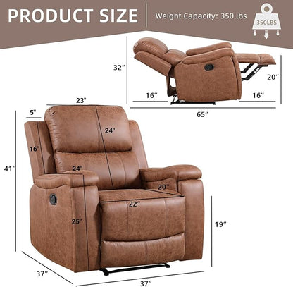 Leather Recliner Chair, Manual Recliner Chair for Adults with Overstuffed Arms and Back, Single Sofa Recliner with Cup Holders for Living Room (1, Brown)