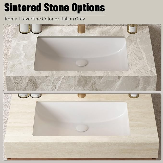 48 Inch Floating Bathroom Vanity with Sink Espresso, Wall-Mounted Farmhouse Bathroom Vanity with Drawer and Doors, Light Gray Sintered Stone Countertop and Ceramic Basin, Pre-Assembled