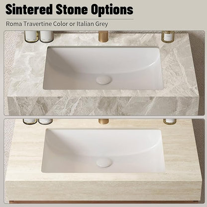 48 Inch Floating Bathroom Vanity with Sink Espresso, Wall-Mounted Farmhouse Bathroom Vanity with Drawer and Doors, Light Gray Sintered Stone Countertop and Ceramic Basin, Pre-Assembled
