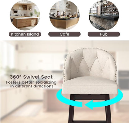 COSTWAY Bar Stools Set of 4, 31’’ Swivel Bar Stools with Rubber Wood Legs & Padded Back, Breathable Linen Fabric, Stylish Tufted Design & Rivet Decoration, Adjustable Foot Pads (4, Beige + Brown)