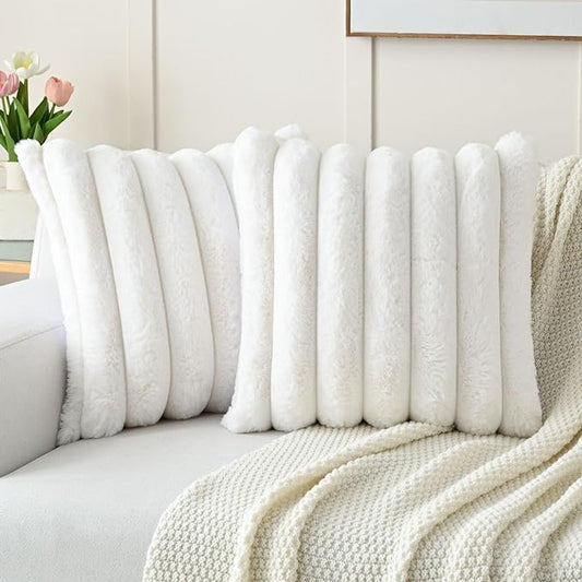 FUTEI Cream White Decorative Throw Pillow Covers 26x26 Inch Set of 2, Square Soft Faux Rabbit Fur Thick Striped Euro Pillow Shams,Winter Home Decor for Couch Bed Living Room