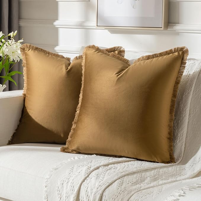 FUTEI Brown Velvet Decorative Throw Pillow Covers 24x24 Set of 2,Soft Cozy Edge with Tassels European Cushion Case,Boho Modern Home Decor for Couch Bed Living Room
