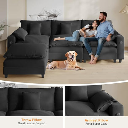 Cloud Couch, Modular Sectional Sofa with Ottoman, Charging Station, Throw Pillows, Cup Holders, Modern Convertible L Shaped Couches for Living Room, Bedroom (Classic Black, 116"- L Shape)