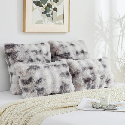 FUTEI Grey White Decorative Throw Pillow Covers 24x24 Inch Set of 2,Soft Fuzzy Faux Rabbit Fur European Cushion Covers with Raised Texture,Neutral Boho Home Decor for Couch Bed Living Room