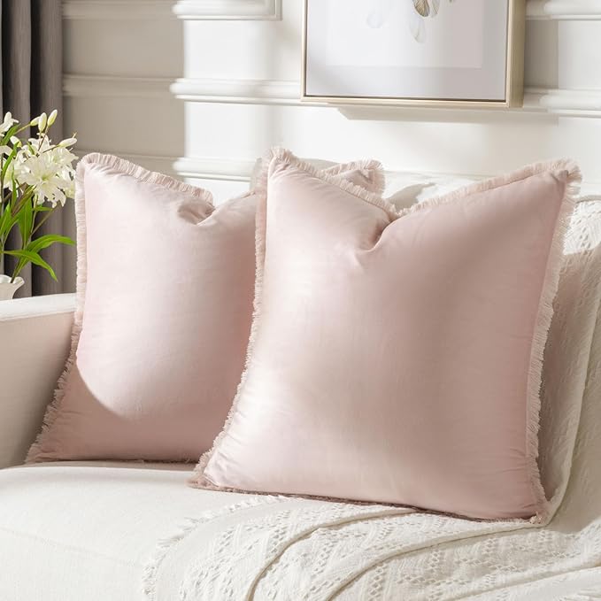 FUTEI Pink Velvet Decorative Throw Pillow Covers 16x16 Set of 2,Soft Cozy Edge with Tassels Cushion Case,Boho Modern Home Decor for Couch Bed Living Room