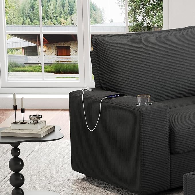 Christopher Knight Home Zoe Oversized Chaise Lounge Chair Indoor with Cup Holders & USB Charging Port, Corduroy Upholstered Sofa Bed + Ottoman with Storage, Comfy Deep Seat Sleeper Sofa Chair, Grey