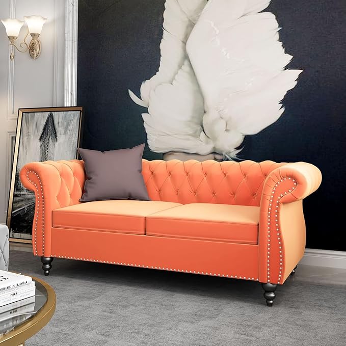 Chesterfield 3 Seater Sofa, Modern Velvet Tufted Couch 3 Seater with Rolled Arms and Nailhead Mid-Century Upholstered Couch for Living Room, Bedroom, Apartment and Office, Orange
